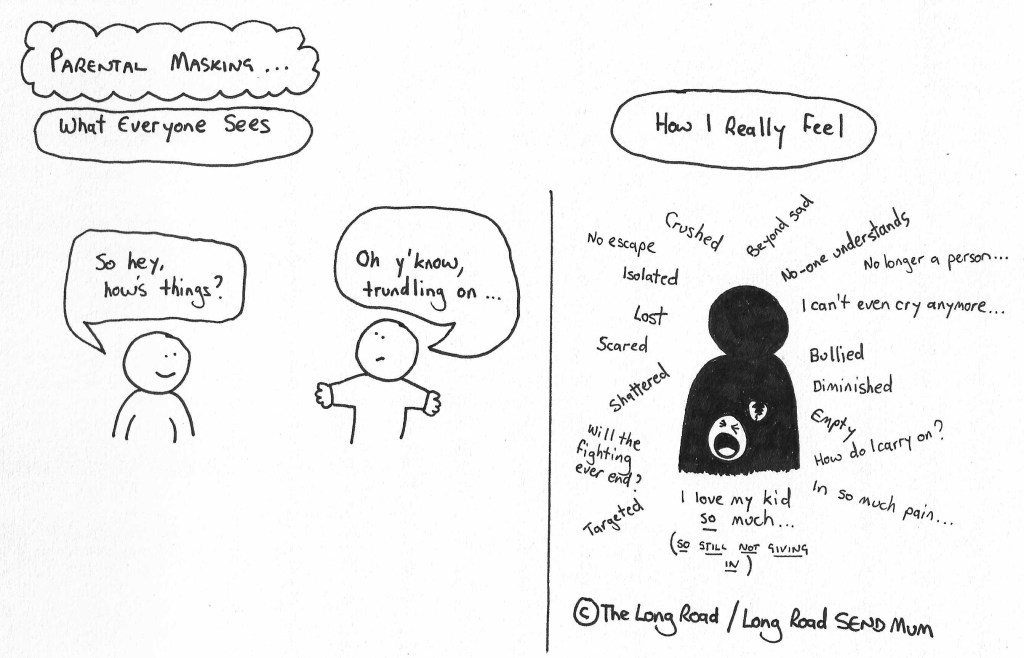Cartoon sketch to compare what everyone sees, and how distressed a SEND parent really feels on the inside