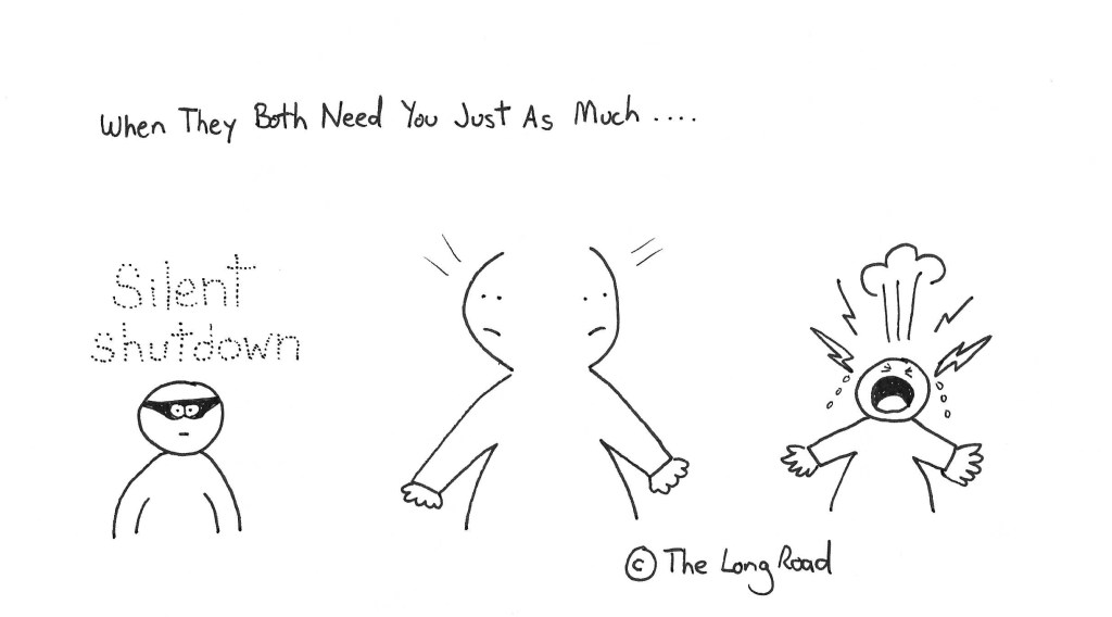 Image shows a parent trying to decide between 2 children, one is screaming in meltdown, the other is in silent shutdown
